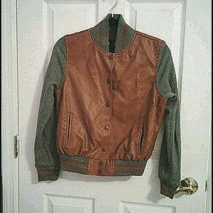 VGT Y2K Boy Meets Girl Faux Leather Varsity Moto Jacket with Gray Sleeves
